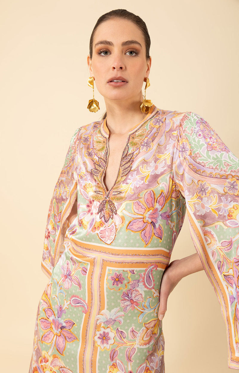 Aileen Silk Caftan Dress Beaded