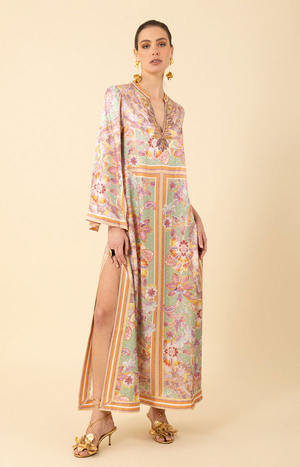 Aileen Silk Caftan Dress Beaded