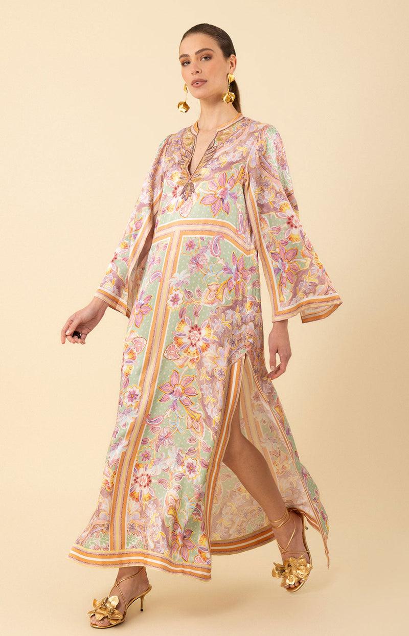 Aileen Silk Caftan Dress Beaded