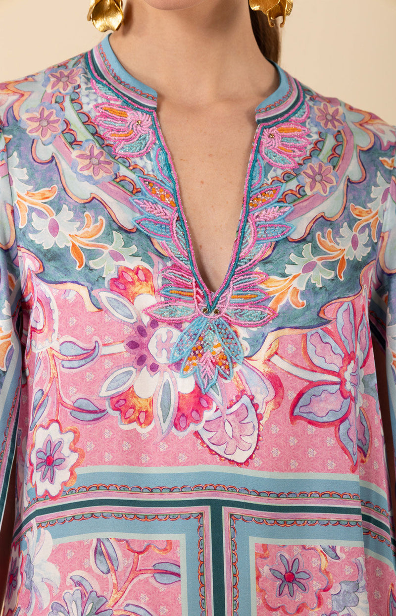 Aileen Silk Caftan Dress Beaded