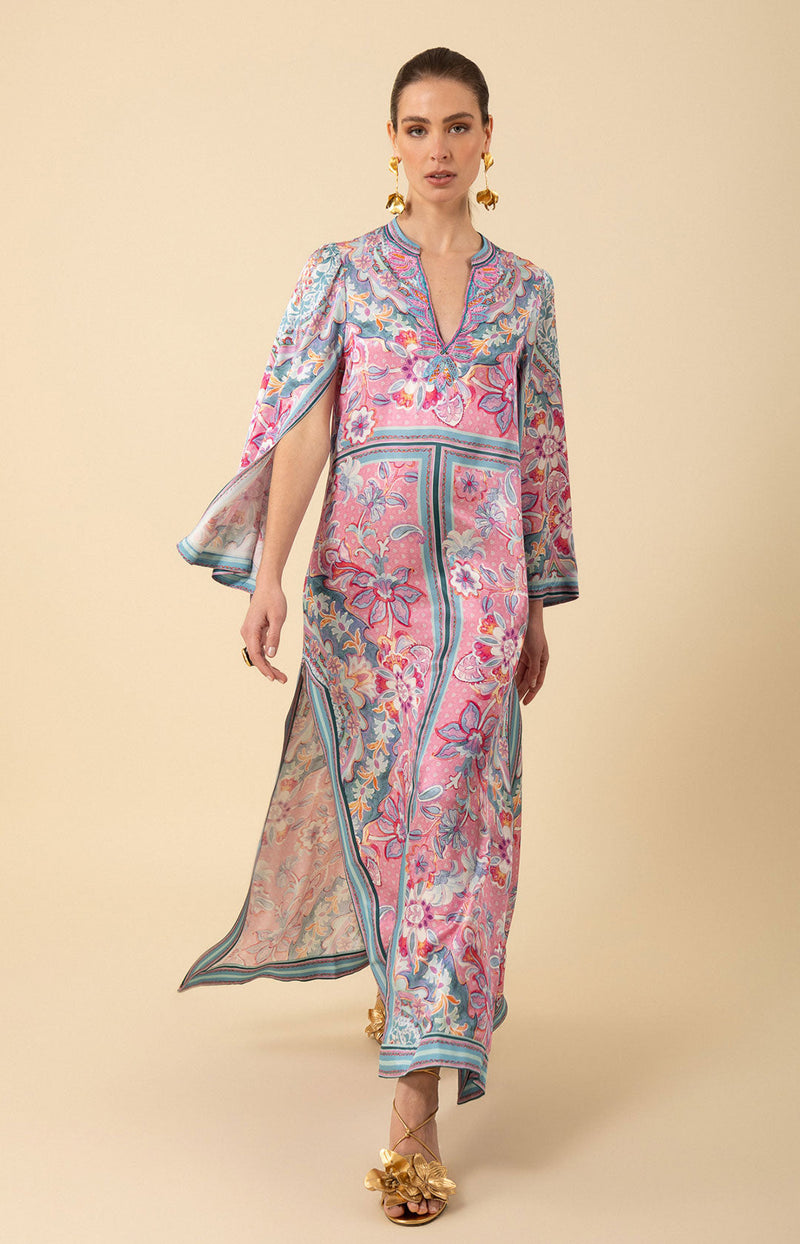 Aileen Silk Caftan Dress Beaded