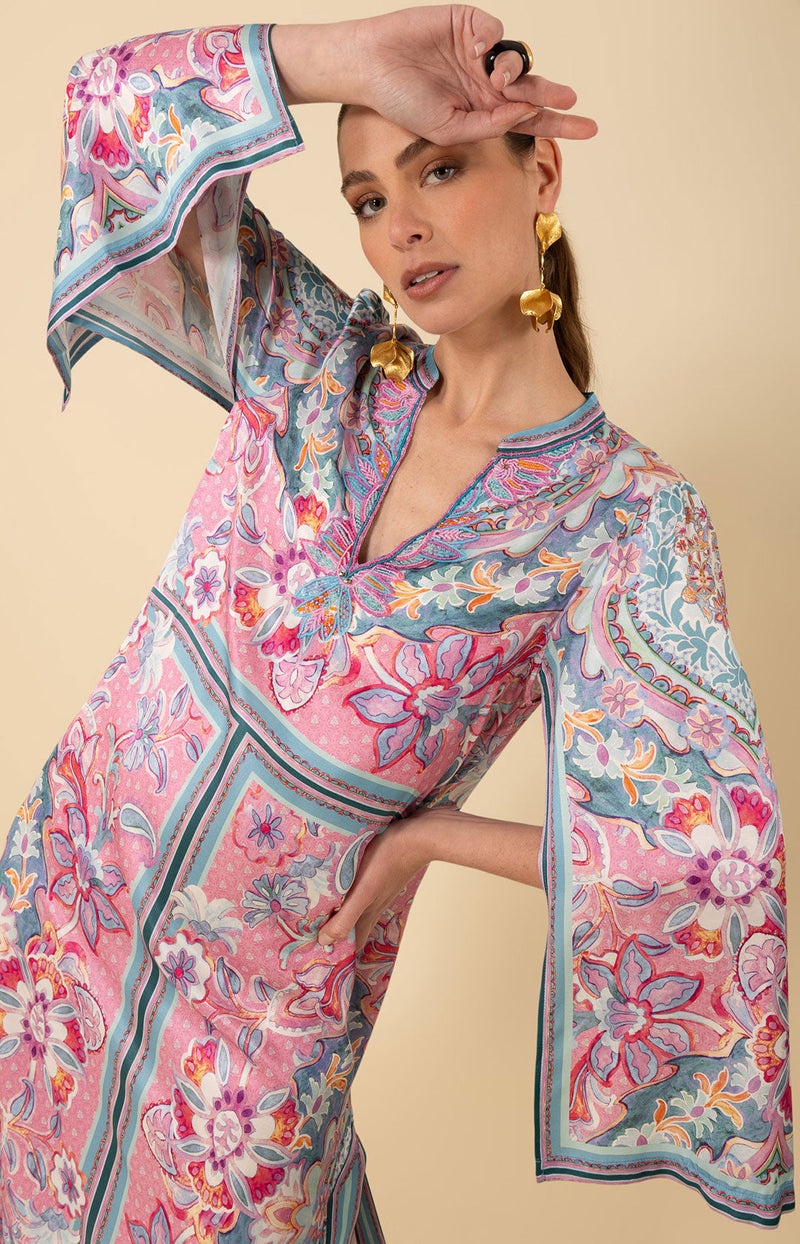Aileen Silk Caftan Dress Beaded